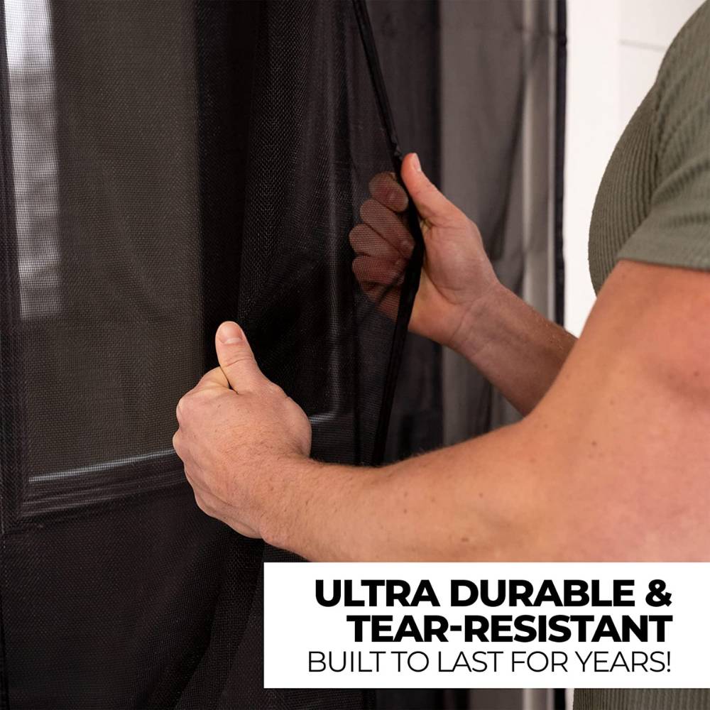 A black magnetic mesh screen door closed across a doorway